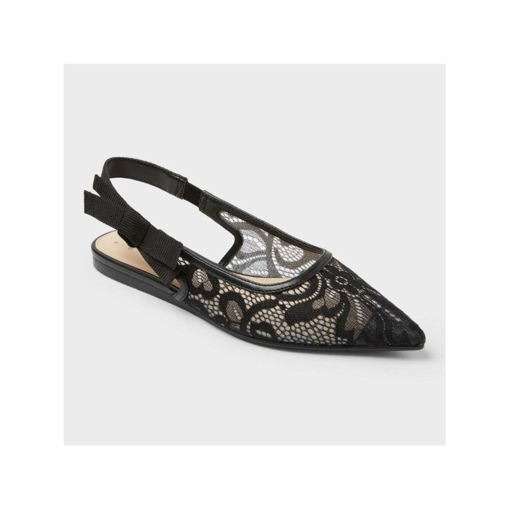 Women's London Lace Sling Back Bow Flats - a New Day™ Black 10: Cushioned Insole